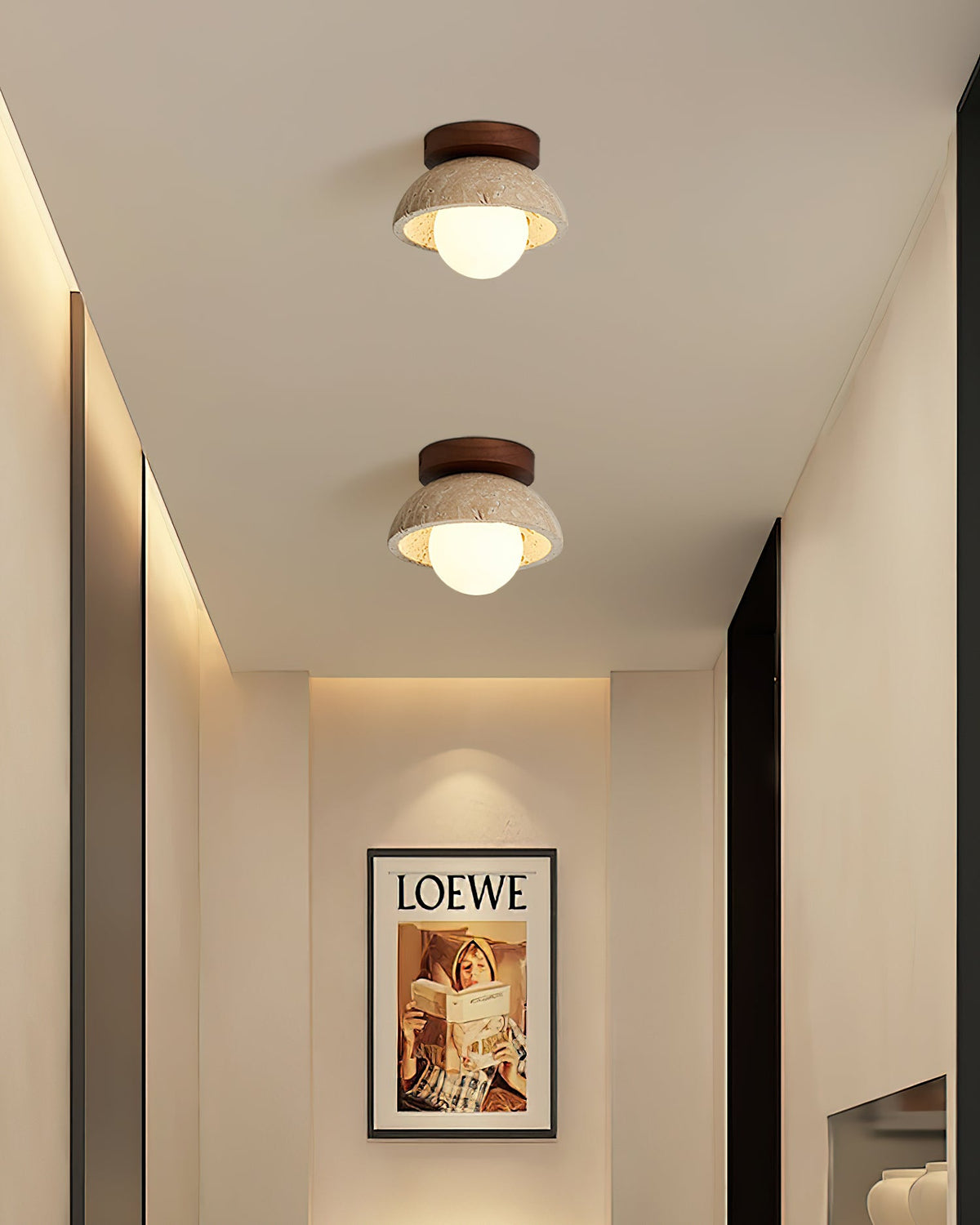 Pair of Travertine Bowl Opal Glass Ceiling Lights in Long Corridor