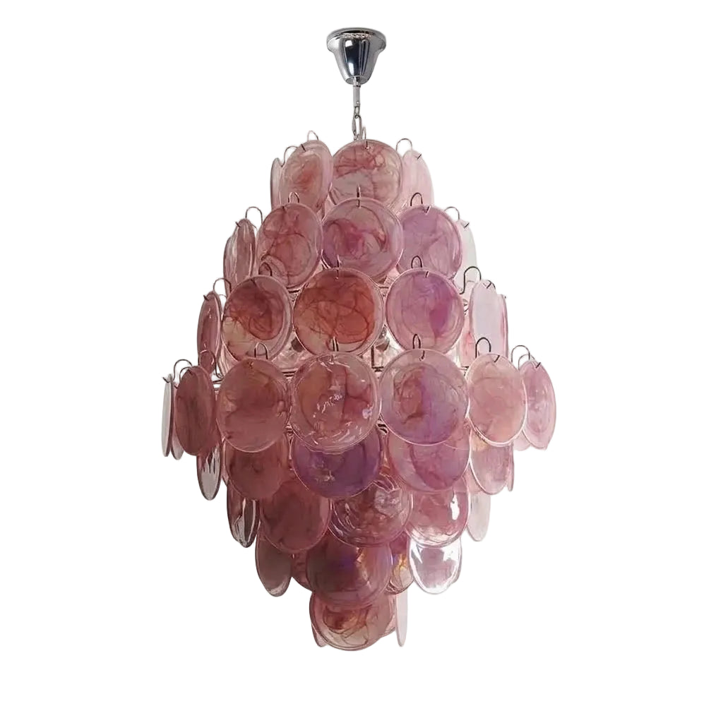Modern Pink Disc Art Glass Chandelier with Silver Canopy on Pure White Background