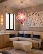Modern Pink Disc Art Glass Chandelier in Contemporary Living Space