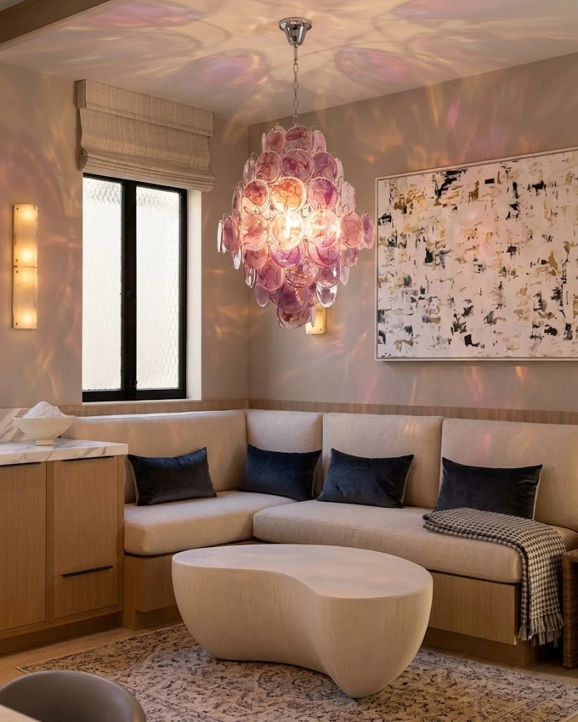Modern Pink Disc Art Glass Chandelier in Contemporary Living Space