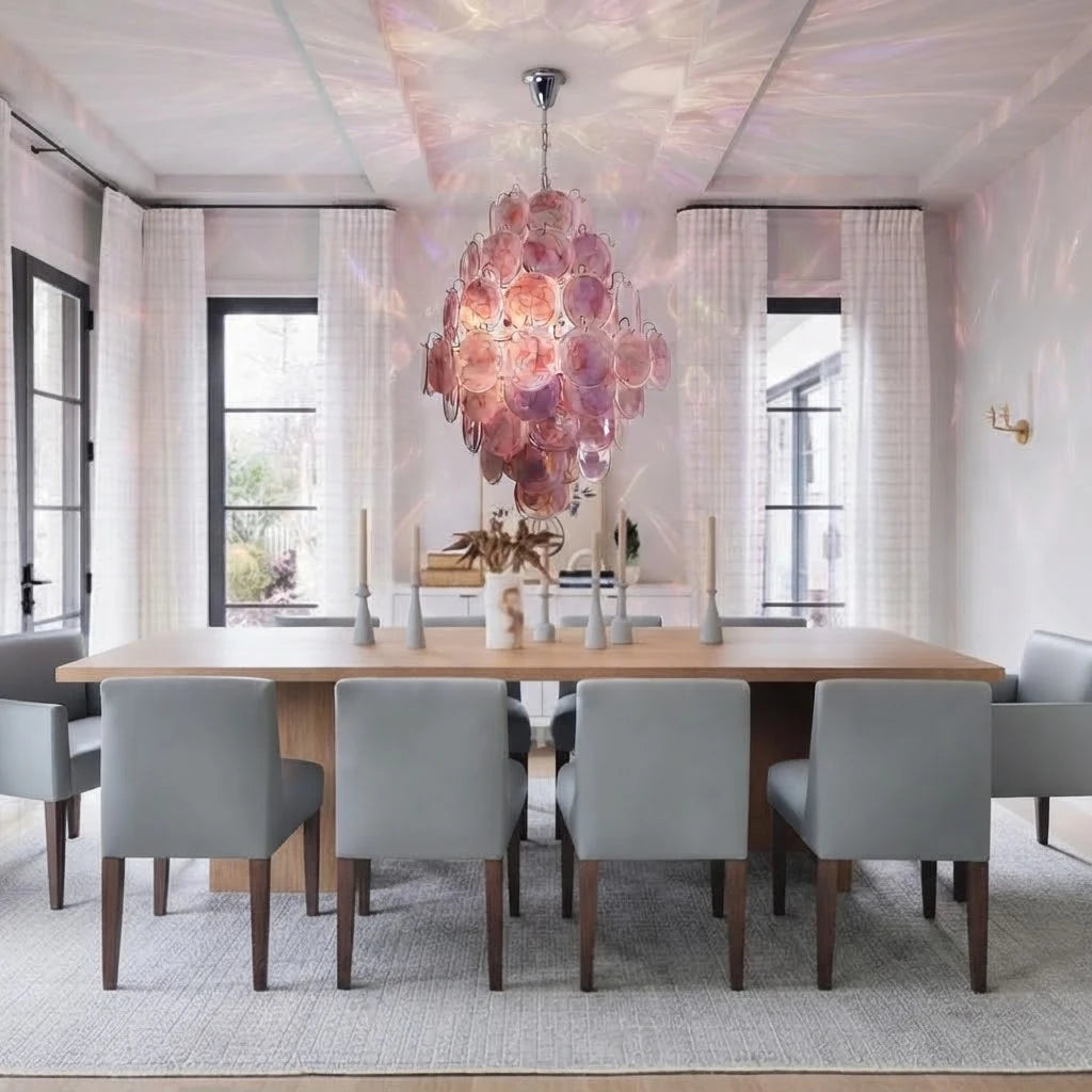 Modern Pink Disc Art Glass Chandelier in Formal Dining Room