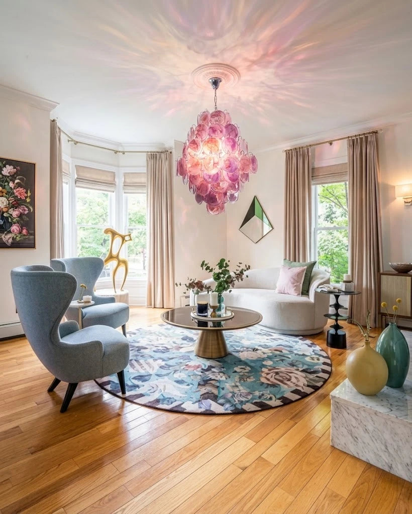 Modern Pink Disc Art Glass Chandelier in Open Living Area