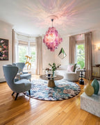 Modern Pink Disc Art Glass Chandelier in Open Living Area