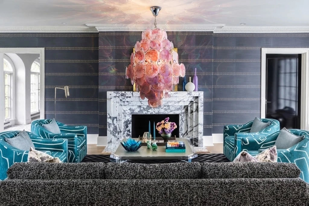 Modern Pink Disc Art Glass Chandelier in Luxury Living Room