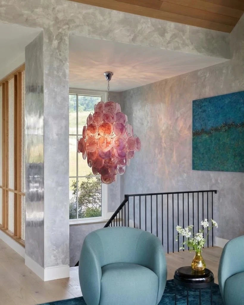 Modern Pink Disc Art Glass Chandelier in Staircase Foyer Setting