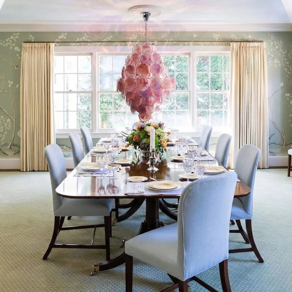 Modern Pink Disc Art Glass Chandelier Over Dining Table