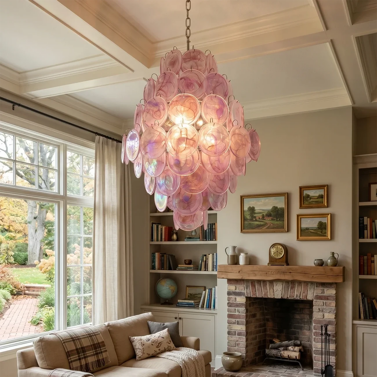Modern Pink Disc Art Glass Chandelier Near Fireplace Mantel