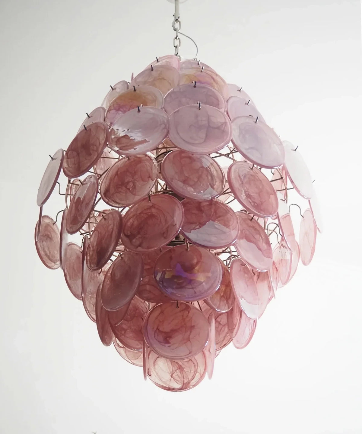 Illuminated Modern Pink Disc Art Glass Chandelier Studio Shot