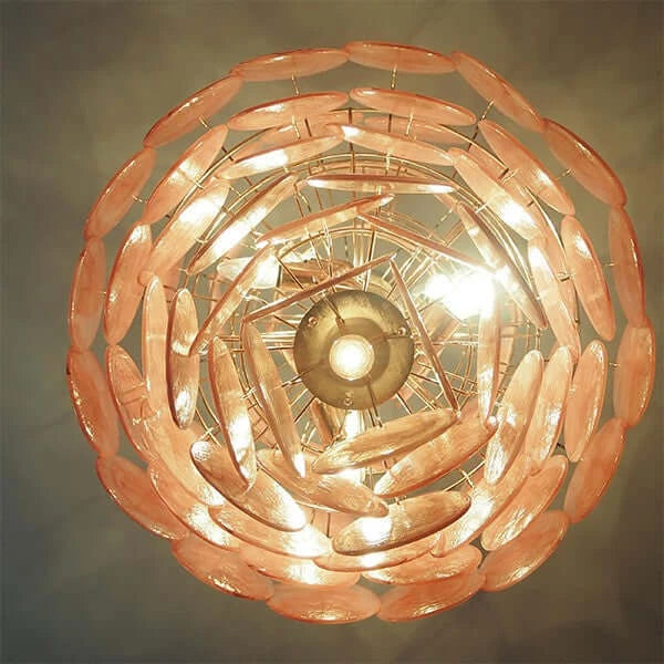 Top View of Illuminated Modern Pink Disc Art Glass Chandelier