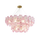 Modern Brass and Pink Hydrangea Petal Art Glass Chandelier with Gold Canopy on Pure White Background