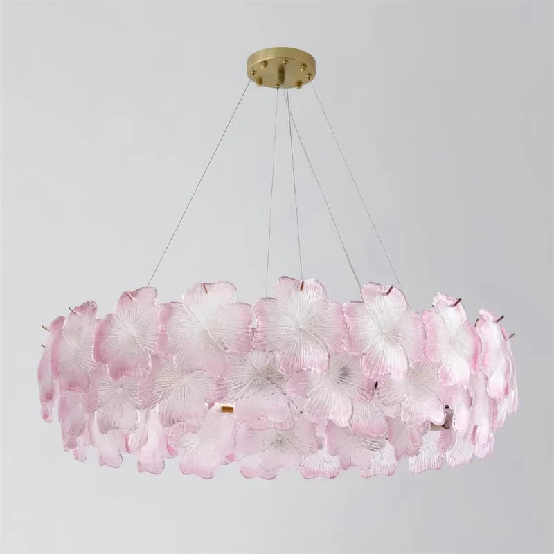 Illuminated Modern Pink Hydrangea Petal Art Glass Chandelier Studio Shot