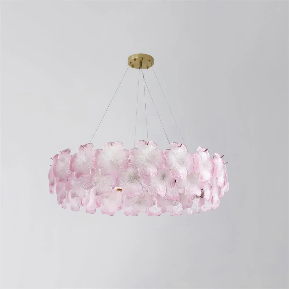 Illuminated Modern Single-Tier Pink Hydrangea Chandelier Studio Shot