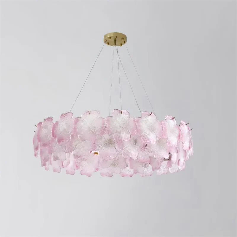 Illuminated Modern Pink Hydrangea Petal Art Glass Chandelier Studio Display