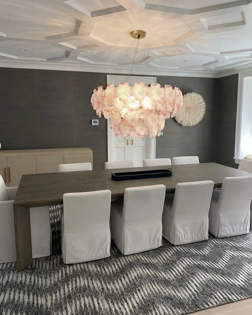 Modern Pink Hydrangea Petal Art Glass Chandelier in Luxury Dining Area