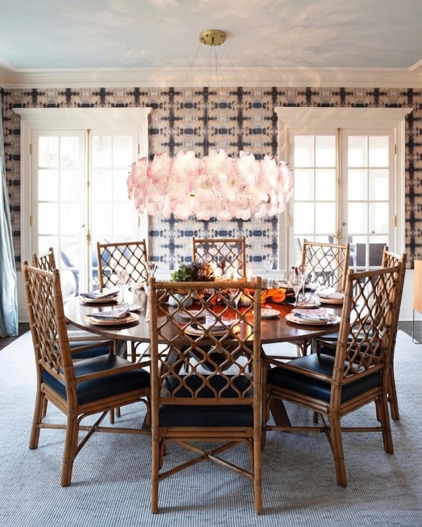 Modern Brass Pink Hydrangea Chandelier in Classic Dining Setting