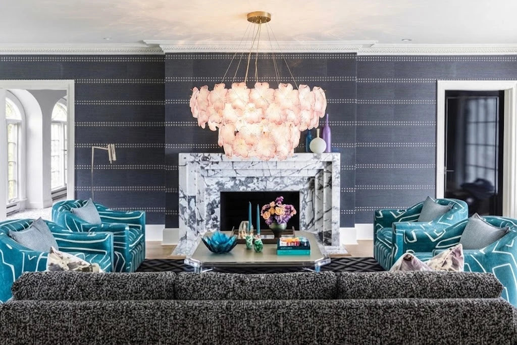 Modern Pink Hydrangea Petal Art Glass Chandelier in Stylish Living Room