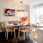 Modern Brass Pink Hydrangea Chandelier Over Dining Nook