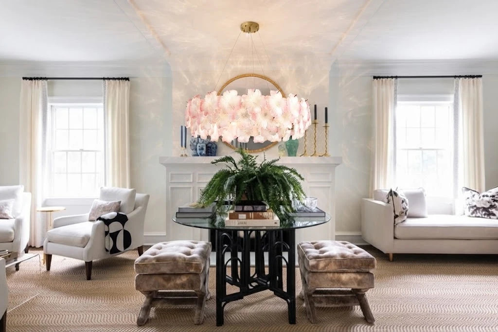 Modern Pink Hydrangea Petal Art Glass Chandelier in Open Plan Living Area