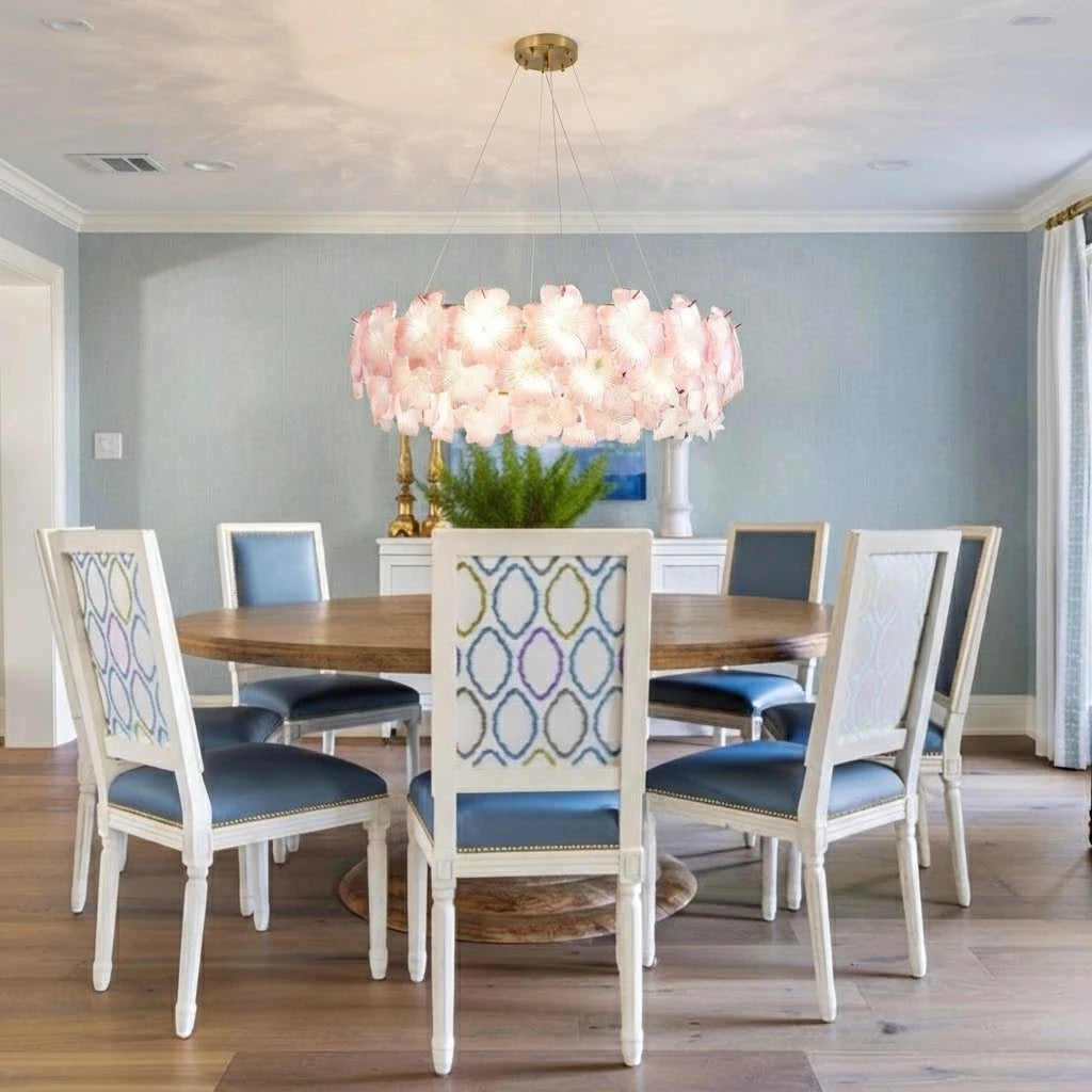Modern Brass Pink Hydrangea Chandelier Over Round Dining Table