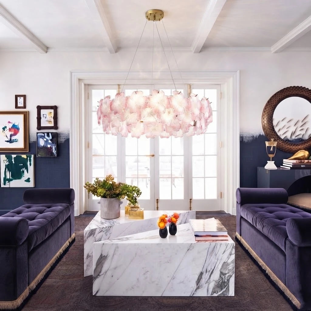 Modern Brass Pink Hydrangea Chandelier in Contemporary Living Room