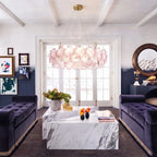 Modern Brass Pink Hydrangea Chandelier in Contemporary Living Room