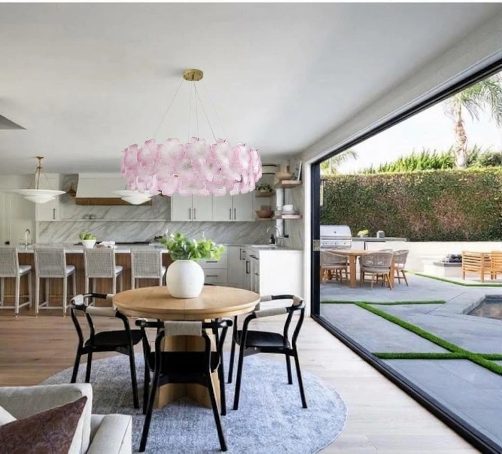 Modern Pink Hydrangea Petal Art Glass Chandelier in Open Plan Kitchen Dining