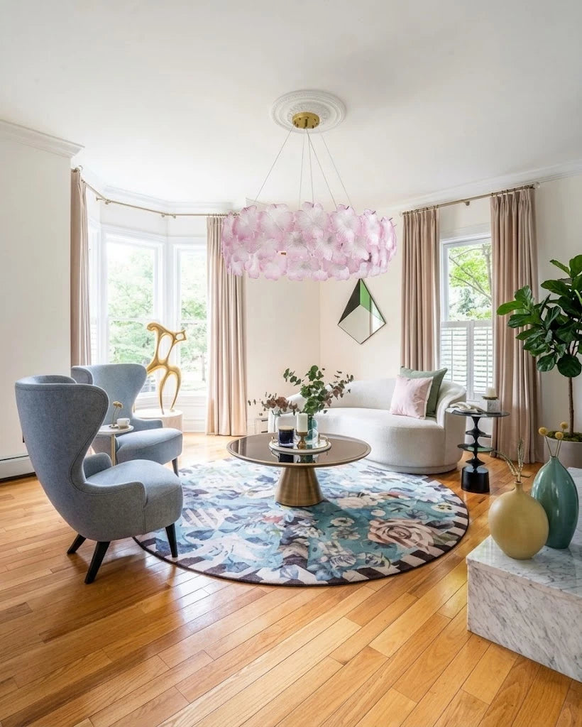 Modern Brass Pink Hydrangea Chandelier in Nordic Living Room