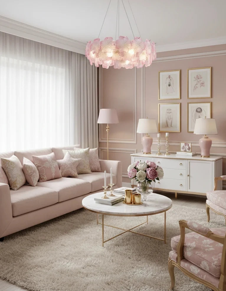 Modern Brass Pink Hydrangea Chandelier in Cozy Living Room