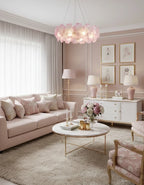 Modern Brass Pink Hydrangea Chandelier in Cozy Living Room