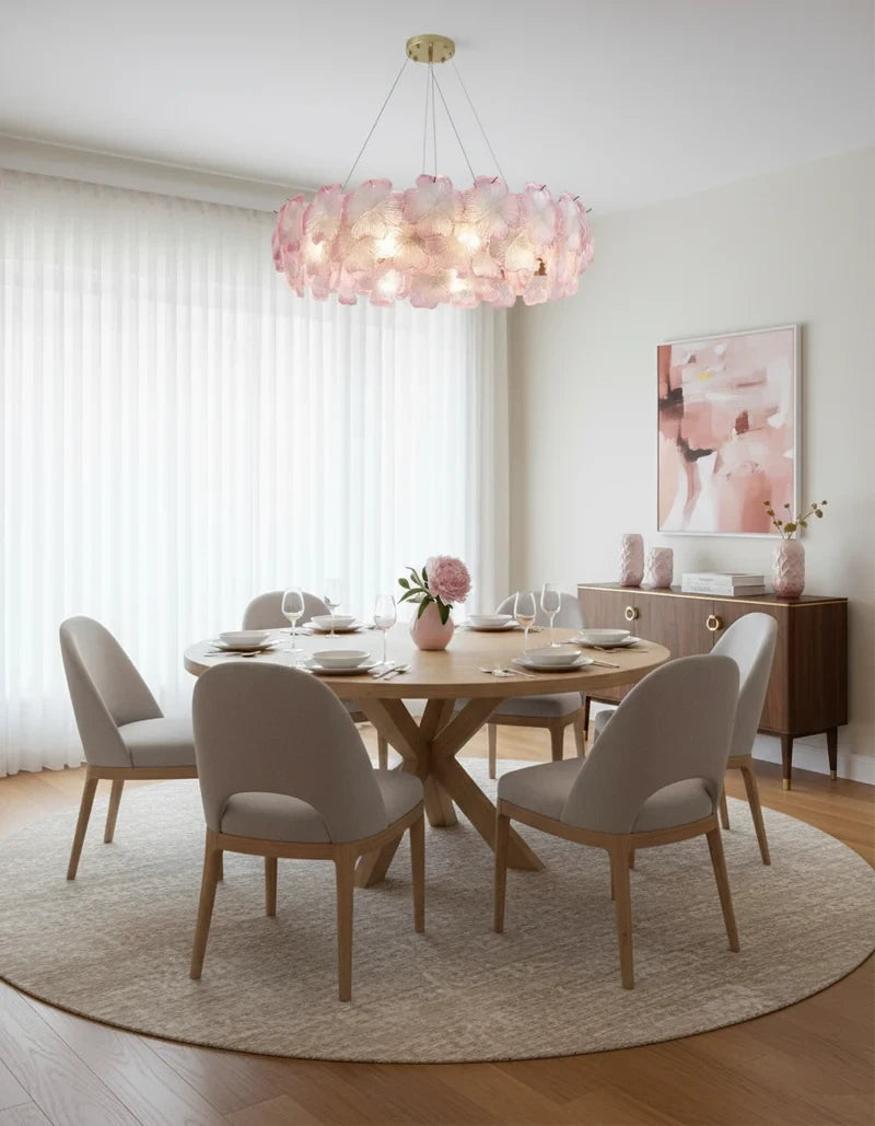 Modern Pink Hydrangea Petal Art Glass Chandelier in Contemporary Dining Area