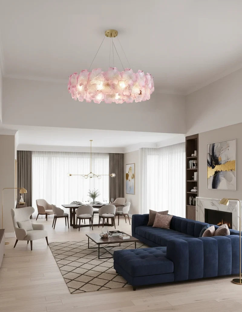 Modern Brass Pink Hydrangea Chandelier in Luxury Living Room