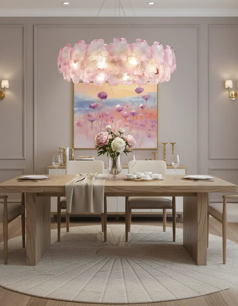 Modern Pink Hydrangea Petal Art Glass Chandelier in Formal Dining Room