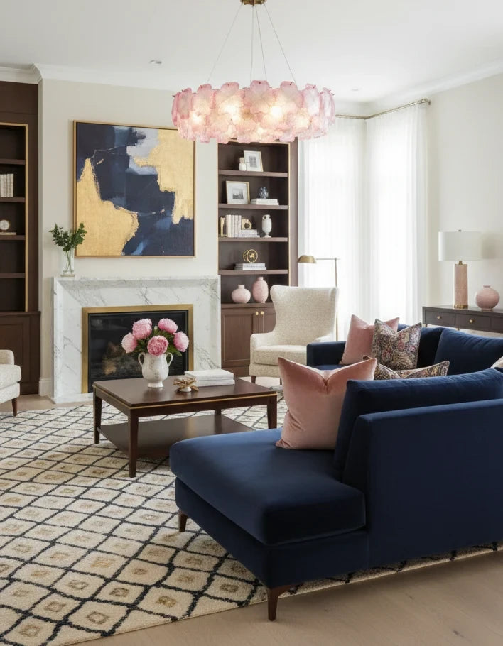 Modern Brass Pink Hydrangea Chandelier in Elegant Living Space