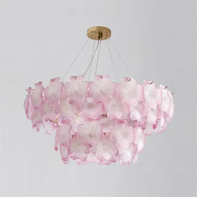 Illuminated Modern Double-Tier Pink Hydrangea Chandelier Studio Display