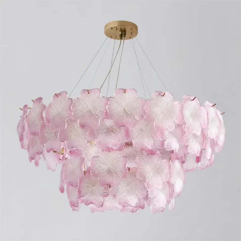Illuminated Modern Brass Pink Hydrangea Chandelier Studio Display
