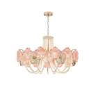 Modern Pink Flower and Pearl Art Glass Chandelier with Gold Canopy on Pure White Background
