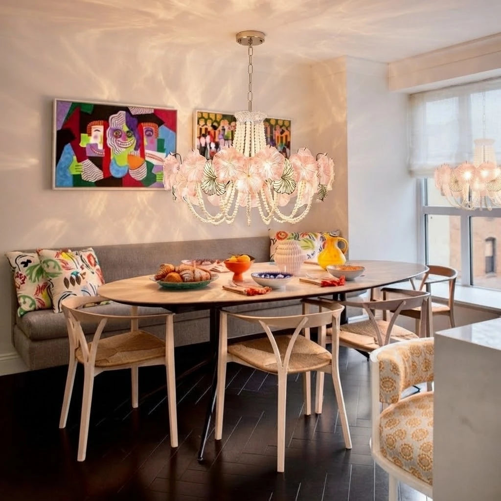 Modern Pink Flower Art Glass Chandelier in Cozy Dining Nook