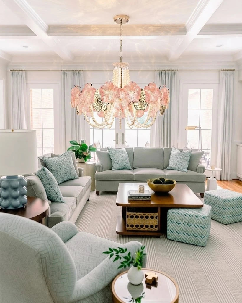 Modern Pink Flower Chandelier in Elegant Living Room