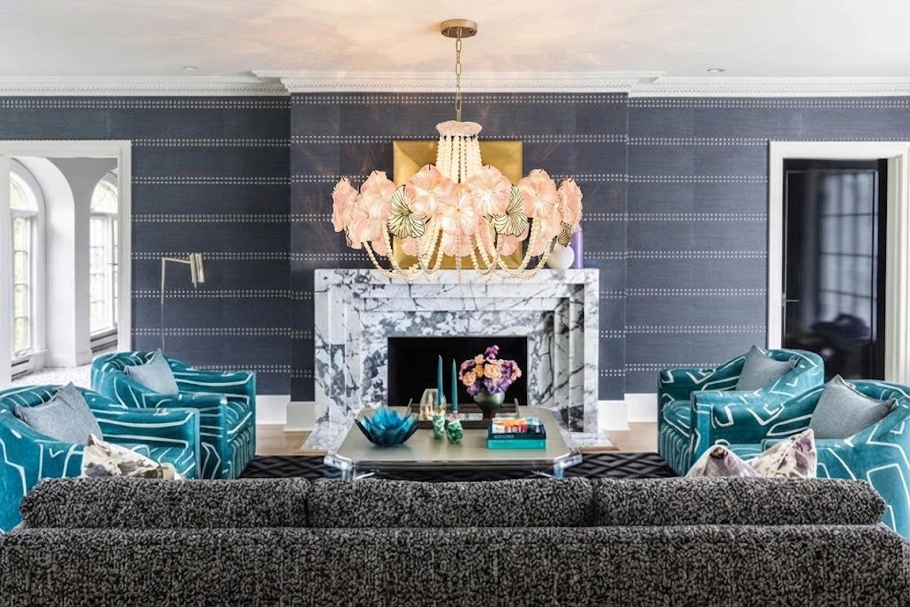 Modern Pink Flower and Pearl Art Glass Chandelier in Luxury Living Room
