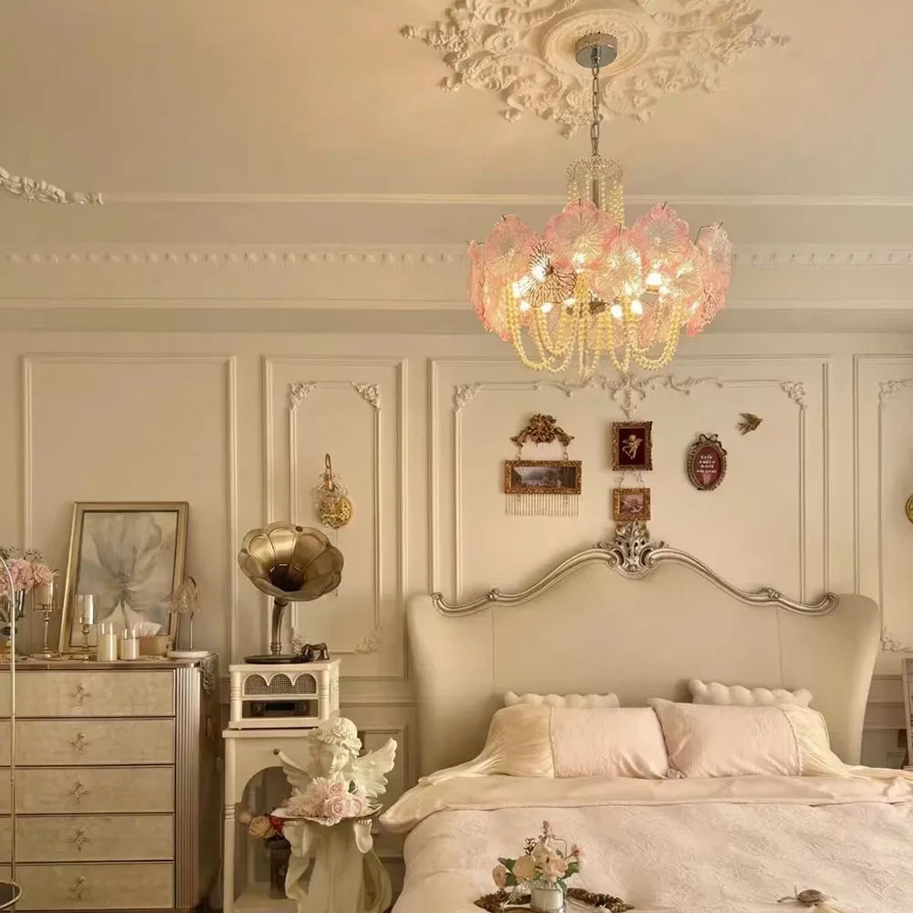 Modern Pink Flower Chandelier in Master Bedroom Setting