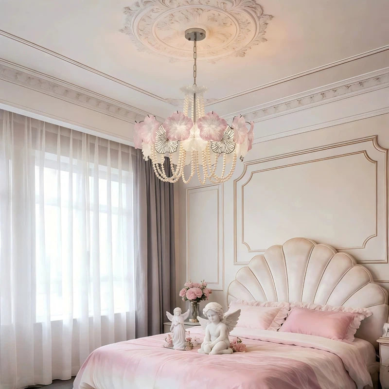 Modern Pink Flower Art Glass Chandelier in Cozy Bedroom Interior