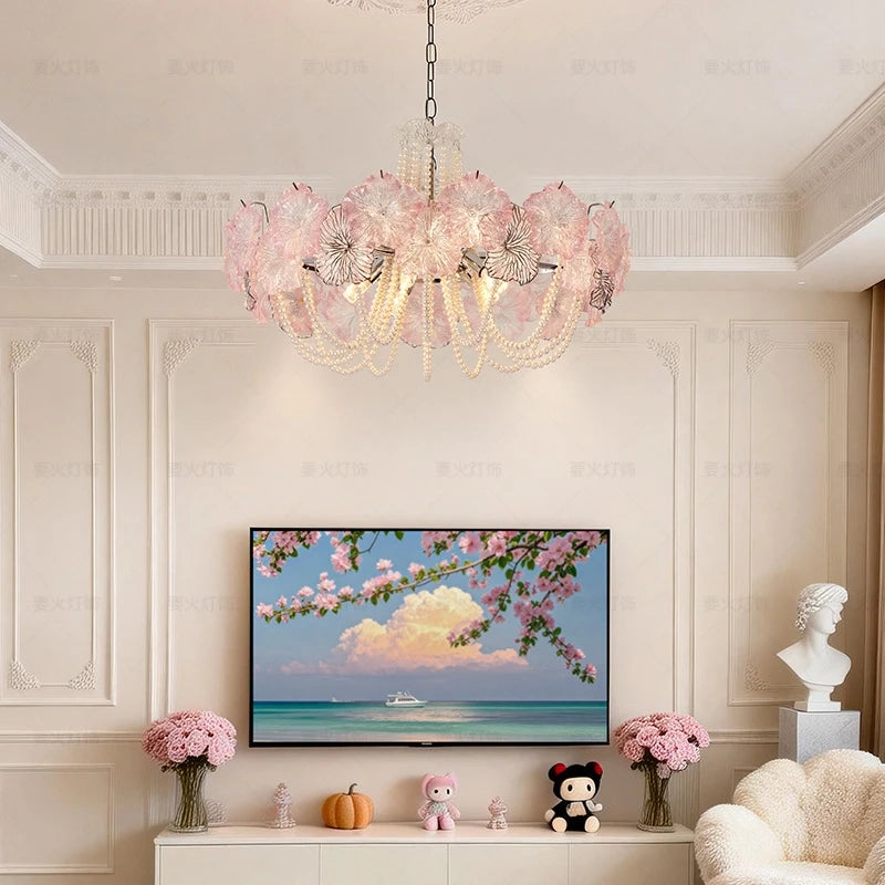 Modern Pink Flower Chandelier in Stylish Living Space