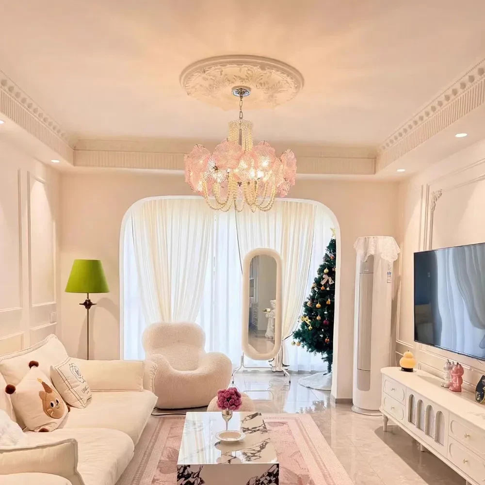 Modern Pink Flower and Pearl Art Glass Chandelier in Bright Living Area