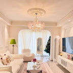 Modern Pink Flower and Pearl Art Glass Chandelier in Bright Living Area