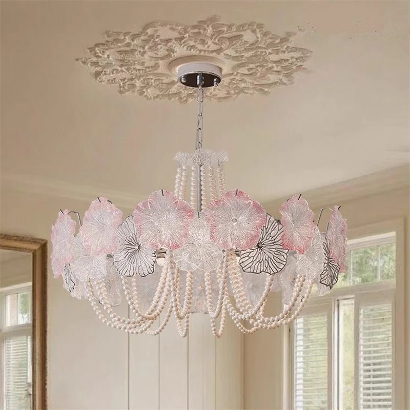 Illuminated Modern Pink Flower and Pearl Art Glass Chandelier Studio Shot