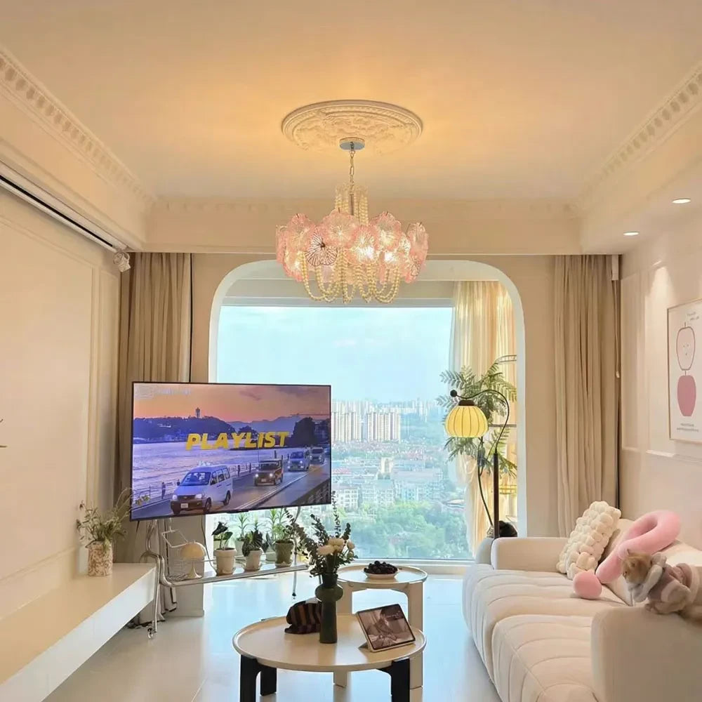 Modern Pink Flower Chandelier in Modern Interior Setting