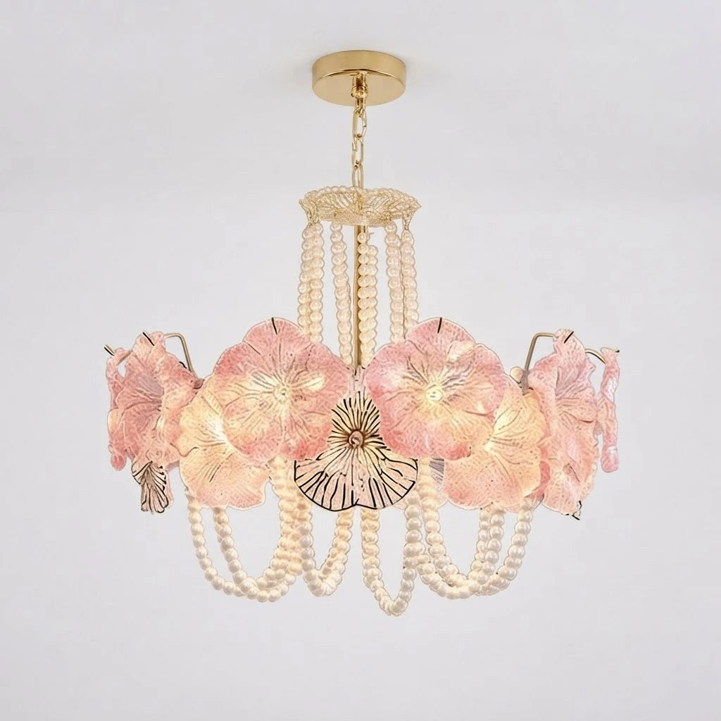 Side View of Modern Pink Flower Art Glass Chandelier Studio Display