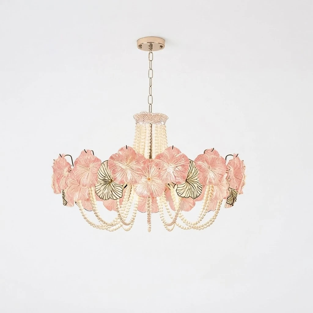 Front View of Modern Pink Flower Art Glass Chandelier Studio Shot