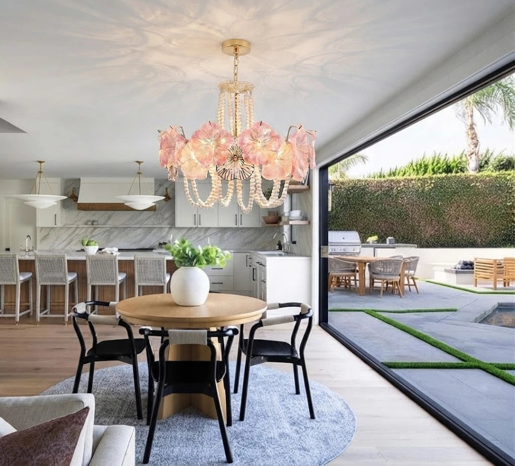 Modern Pink Flower Art Glass Chandelier Over Kitchen Dining Area