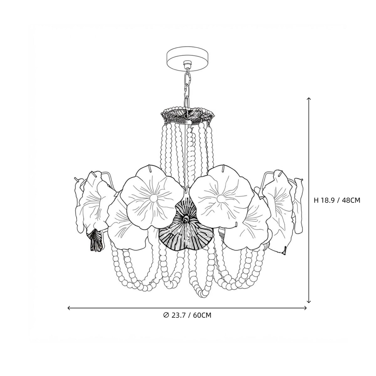 Modern Medium Pink Flower Art Glass Chandelier Line Art Dimension Diagram